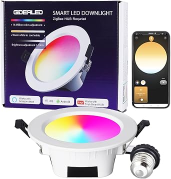 GIDEALED ZigBee Smart LED Downlight 4 Inch RGBCCT Work with Hub Bridge/Echo Plus for APP/Alexa Voice Control Color Change Dimmable RGBCCT Overhead Lamps Retrofit LED Can Lights Ceiling Lighting