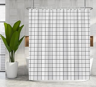 Renaiss 72x78 Inches White Geometric Shower Curtain Black White Lattice Square Plaid Pattern Modern Simple Striped Fabric Shower Curtains for Bathroom Decor Waterproof Polyester with Hooks