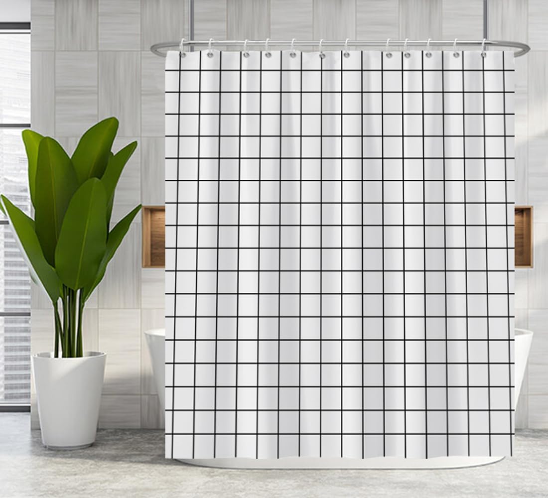 Renaiss 72x78 Inches White Geometric Shower Curtain Black White Lattice Square Plaid Pattern Modern Simple Striped Fabric Shower Curtains for Bathroom