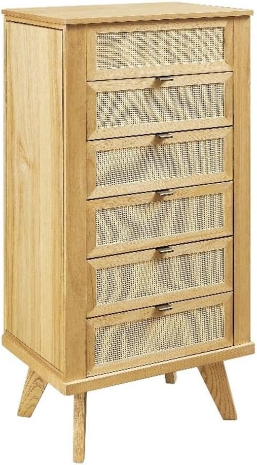 Pemberly Row 5-Drawer Wood Jewelry Armoire, Natural Brown Finish, Cane Inlay, Flip Top with Vanity Mirror, Hidden Storage, Hooks and Ring Tray, 41" H Freestanding Organizer for Bedroom or Closet