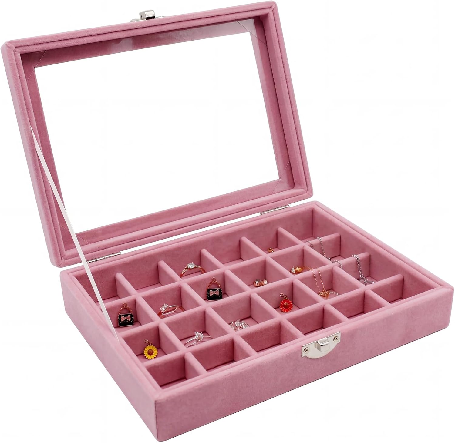 Zorfeter 24 Grid Pink Velvet Jewelry Box, Lockable Organizer
