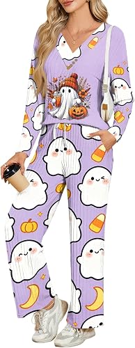 GQN Womens Halloween Pjs V Neck Long Sleeve Spooky Pajamas Witch Spider Pumpkin 