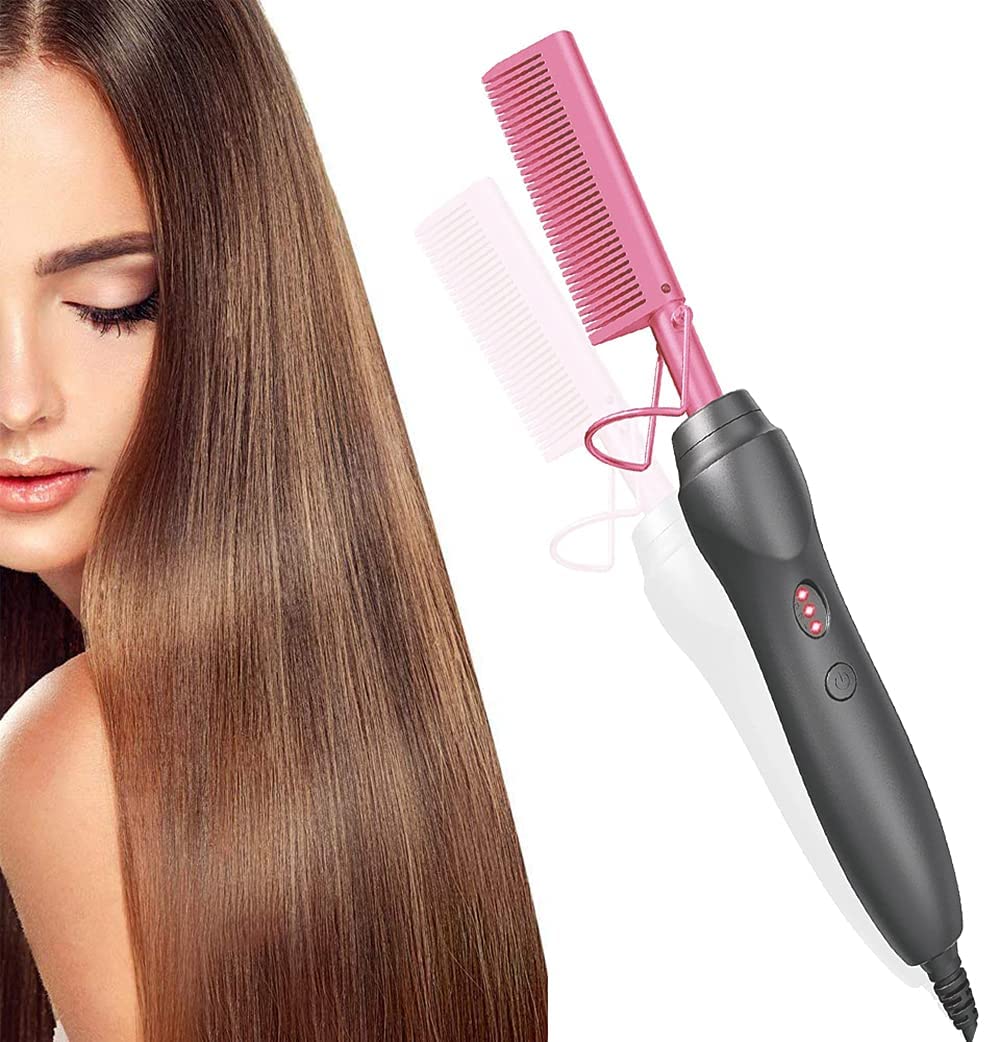 NALACAL 2in1 Straight/Curly Hair Electric Hot Comb, Fast Heat Up Hair Straightener Curly Comb for Wet Dry Hair, Wigs, Women, Men (Pink)