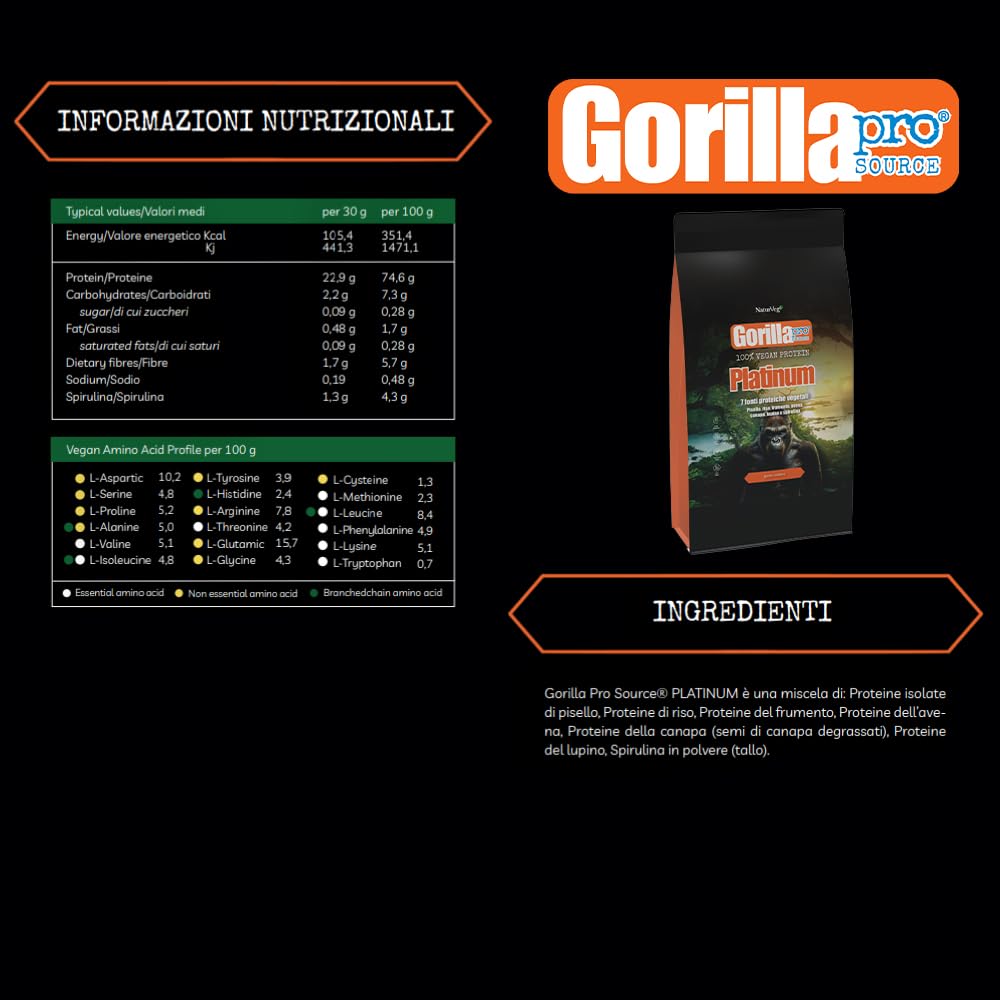 Naturveg® GORILLA PRO Platinum - Proteine Vegane in Polvere 1 Kg- Con proteine vegetali di Piselli, Riso, frumento, Avena, Canapa, Lupino, Spirulina (1Kg, Vaniglia)