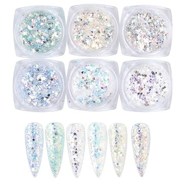 Holographic Nail Art Sequins Glitter Kits 6 Boxes 3D Nails Glitter Metallic Shining Flakes Acrylic Powder Dust Sequins for Nails Decoration Holographic Manicure Tips Mixed Color - Fresh