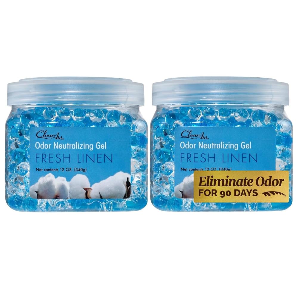 Clear Air Odor Eliminator Gel Beads - Air Freshener - Eliminates Odors in Bathrooms, Cars, Boats, RVs & Pet Areas - Made with Essential Oils - Fresh Linen Scent - 12 Ounce - 2 Pack