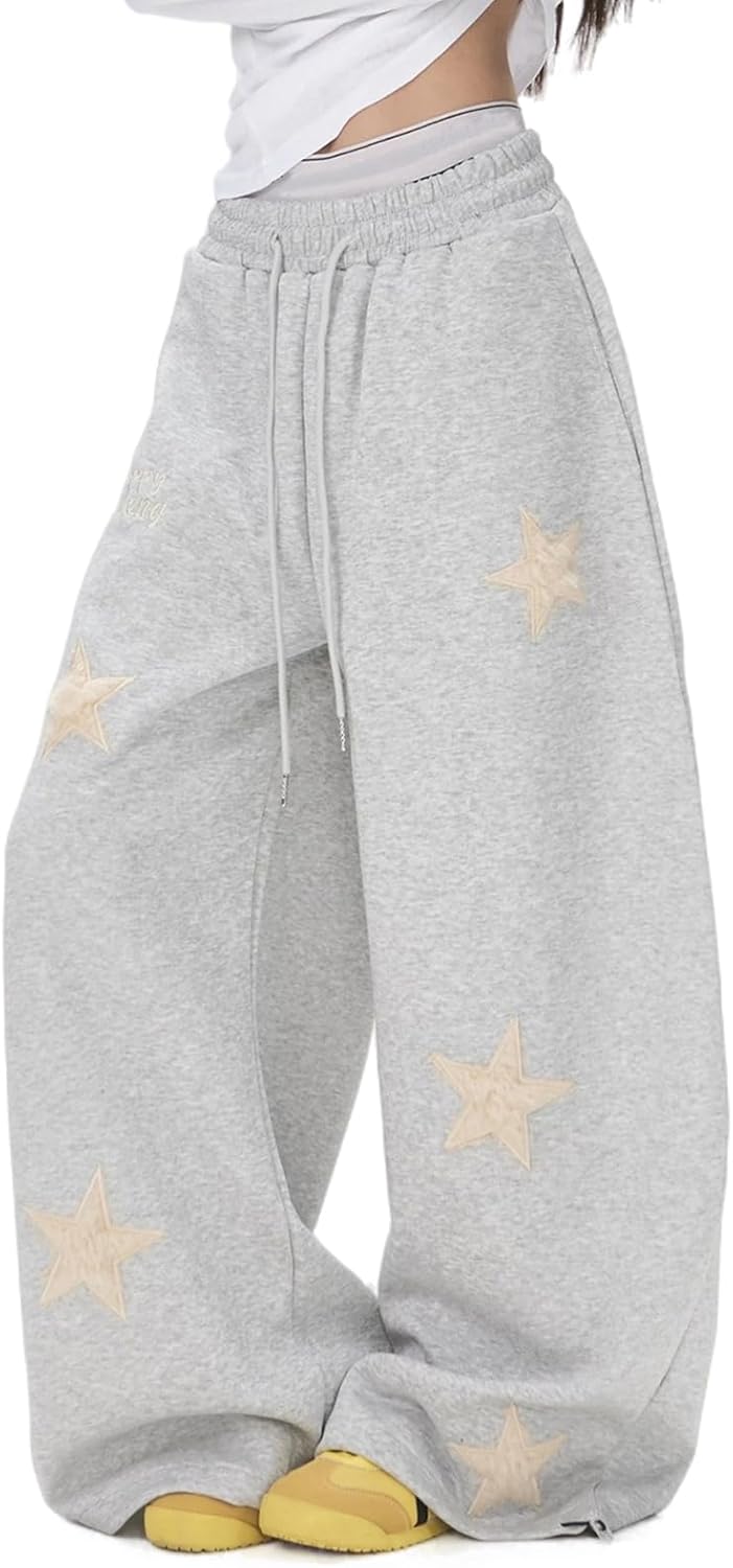 Wide Leg Baggy Sweatpants for Women Oversize Y2K Star Embroidery Barrel Pants with Drawstring Waist and Cuffs