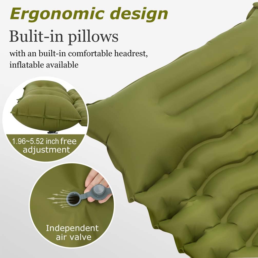 Isomatte Selbstaufblasend, Camping luftmatratze Selbstaufblasend mit Integrierten Kopfkissen Outdoor Campingmatte Faltbar Thermo Matte Schlafmatte Für Zelt Trekking Strand,Grün