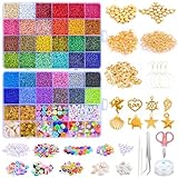 Multifunktional Perlenset: DIY Perlen Set bedeutet, dass Sie die Glasperlen mit Buchstabenperlen, Smiley Perlen. Verschiedene Farben und Arten von Perlen zum Auffädeln sind perfekt für die Herstellung von schönem Schmuck, wie Freundschaftsarmbänder mit Namen, Ohrringe, Halsketten, Ringe, Hüftketten, Fußkettchen und so weiter. Außerdem können sie auch als Anhänger an Rucksäcken, Mobiltelefonen, Brillen, Schlüsseln und Kleidungsstücken angebracht werden, was einen guten dekorativen Effekt hat.