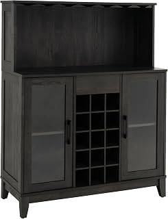 COSTWAY Wine Cabinet Sideboard,  Kitchen Storage Cabinet with 15 Removable Wine Rack, Glass Holder, Adjustable Shelves, 2 Glass Doors & Anti-tipping Device, Dining Living Room Buffet Cupboard (Black)