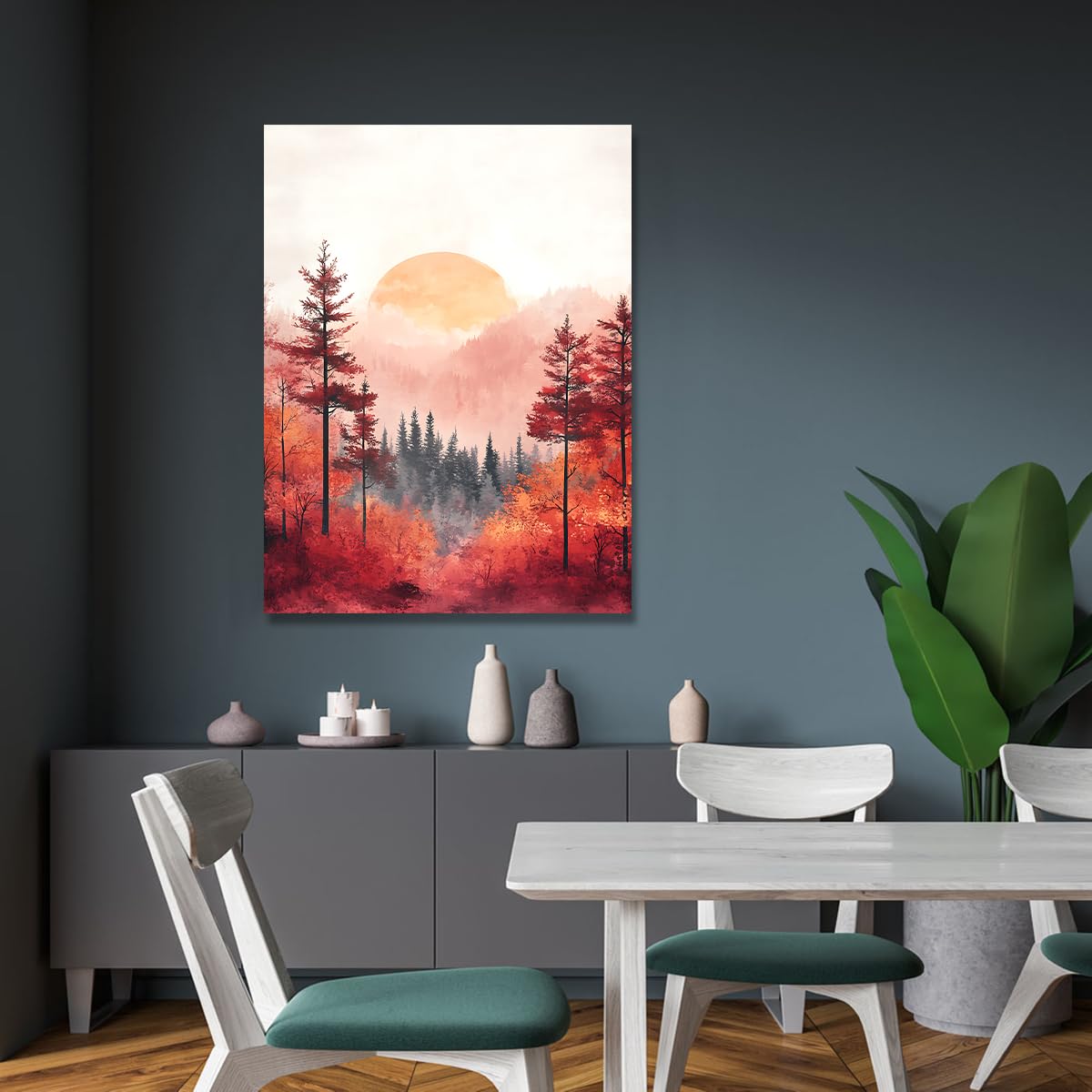 Japoński zachód słońca las krajobraz na płótnie obraz ścienny jesienne drzewa plakaty malarstwo do salonu sypialni biura dekoracja mural 40x60cm rama wewnętrzna
