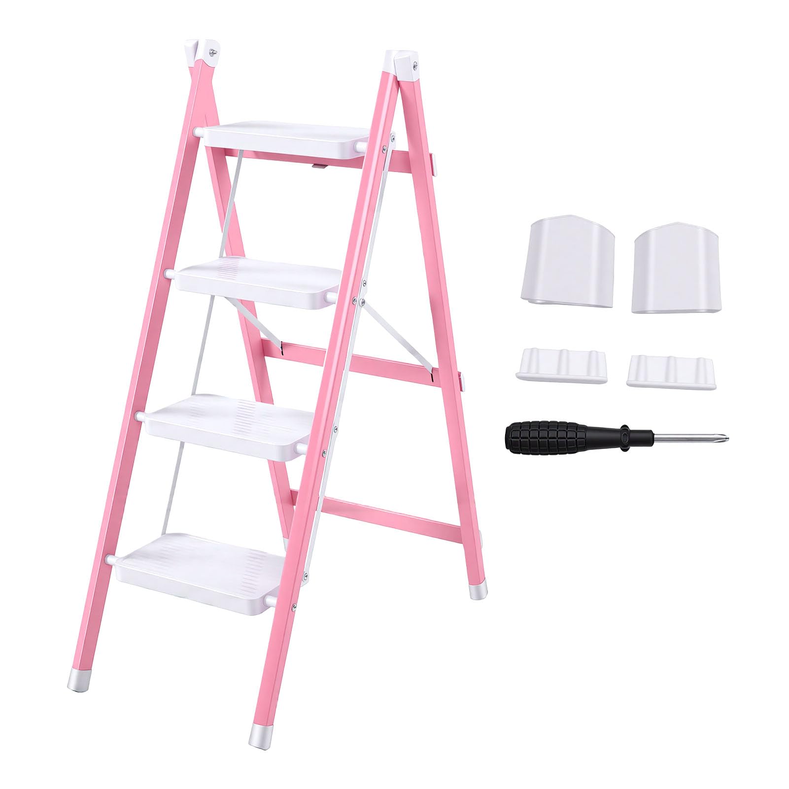 Srliya Scaletta a 4 Gradini Scaletta per Sgabello Pieghevole Antiscivolo per Fiori Addensata per Cucina Camera da Letto Ufficio Bianco Rosato