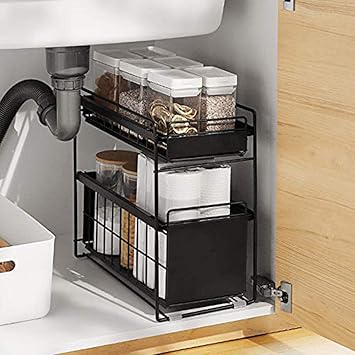 Amazon シンク下棚シンク下ラックキッチン収納棚キッチン食器棚 バスルーム用の2段スライドバスケット シンク下の引き出しをスライド Lcz スポーツ アウトドア