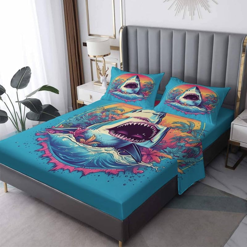 Juego de sábanas de tiburón tamaño King, sábanas de microfibra suave y bolsillo profundo, sábanas y fundas de almohada estampadas sin arrugas, 4