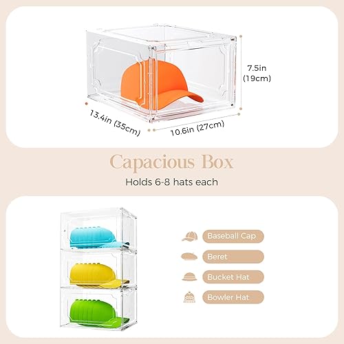 Miniatura 4 de Paquete de 6 cajas organizadoras de sombreros para gorras de béisbol, estuche de almacenamiento de colecciones de sombreros de plástico transparente