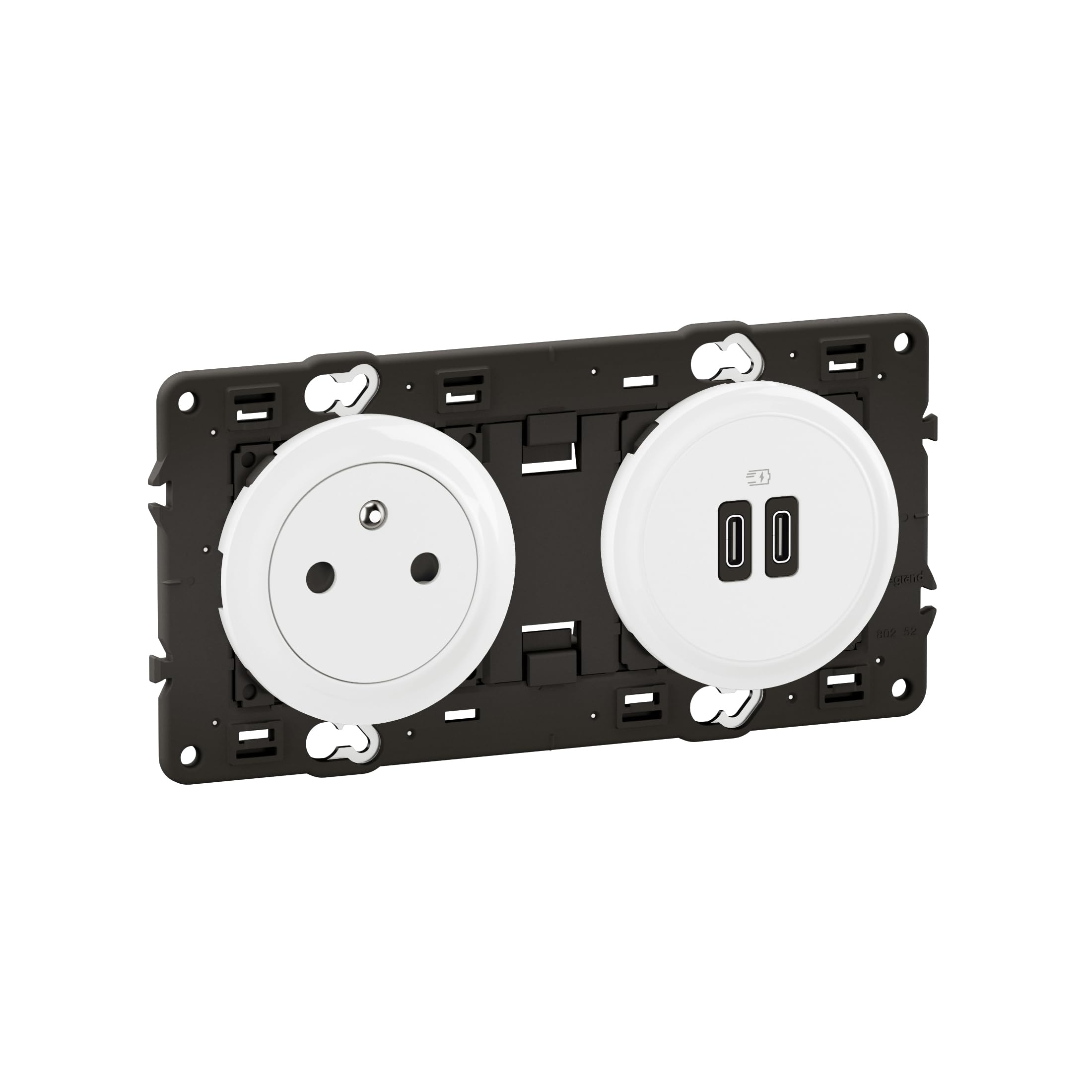 LEGRAND | Prise 2P+T avec 2 ports USB A et C Power Delivery 20W, Céliane blanc, installation précâblée, à équiper d'une plaque