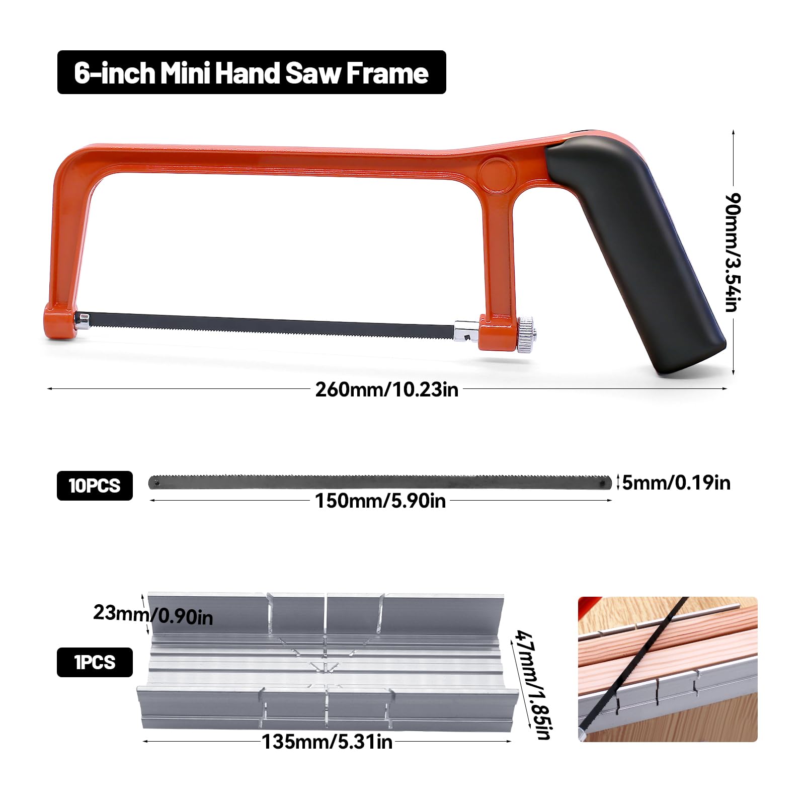 12 Stück Mini Metallsäge Set mit Gehrungslade 150 mm Hand Bügelsäge Klein Orange Eisensäge Klein mit 10 Klinge Holzsäge Hand Kleine Handsäge mit Verstellbarem Winkel für Metall Holz Kunststoff