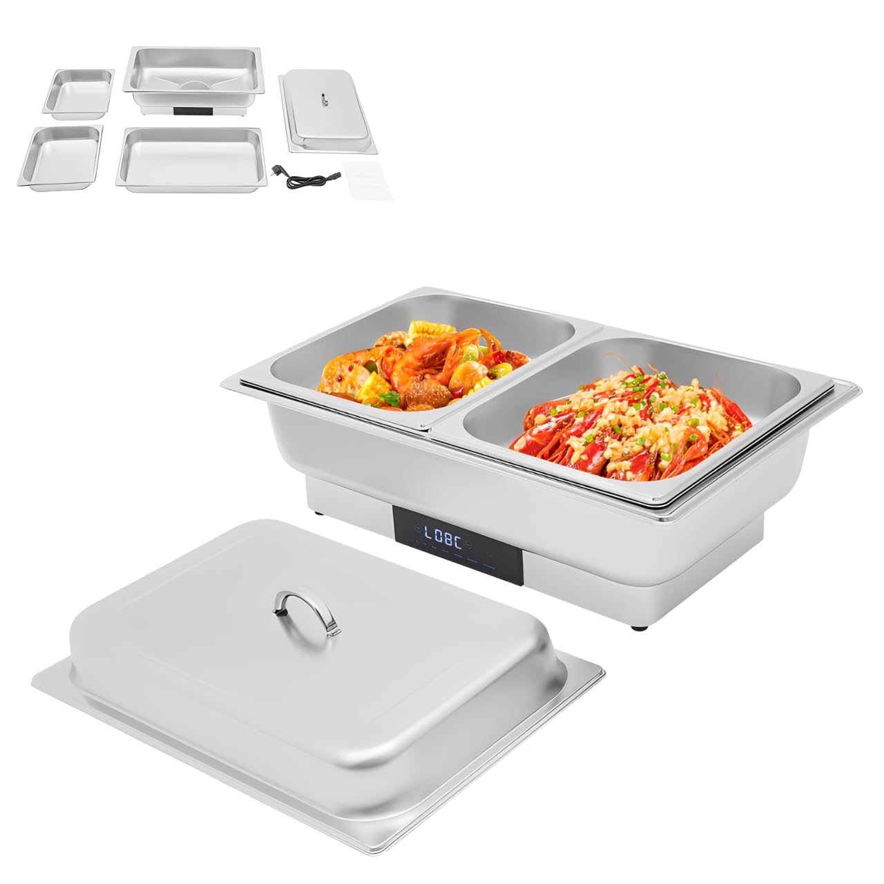 Riscaldatore a buffet da 9 l, elettrico in acciaio inox Chafing Dish, scaldavivande con controllo della temperatura, 600 Watt, intervallo di temperatura 35-90 ℃, display LED, lavabile in lavastoviglie