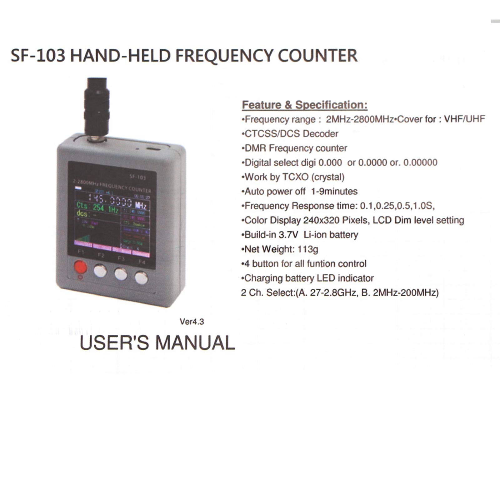 SF-103 Contador de Frecuencia Portátil 2Gen 2MHz ~ 2.8GHz Medidor de Frecuencia Walkie Talkie para DMR y Radio analógica de Dos vías