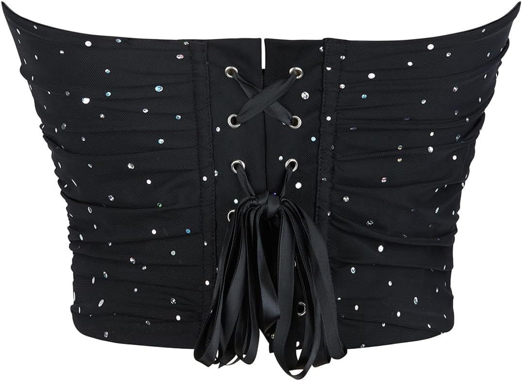 SHYMMUO Women Black Corset Tops Satin Summer Going Out Strapless Bustier Crop Top for Party,Gothic,Halloween Costumes - Image 3