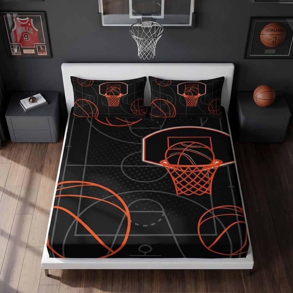 Basketball Court Print Twin Fitted Sheets Set for Boys,Ball Sports Games Bedding Set for Teens Kids Bedroom Decor,Orange Basketball Fitted Sheets Twin Size,1 Fitted Sheet+2 Pillowcases.