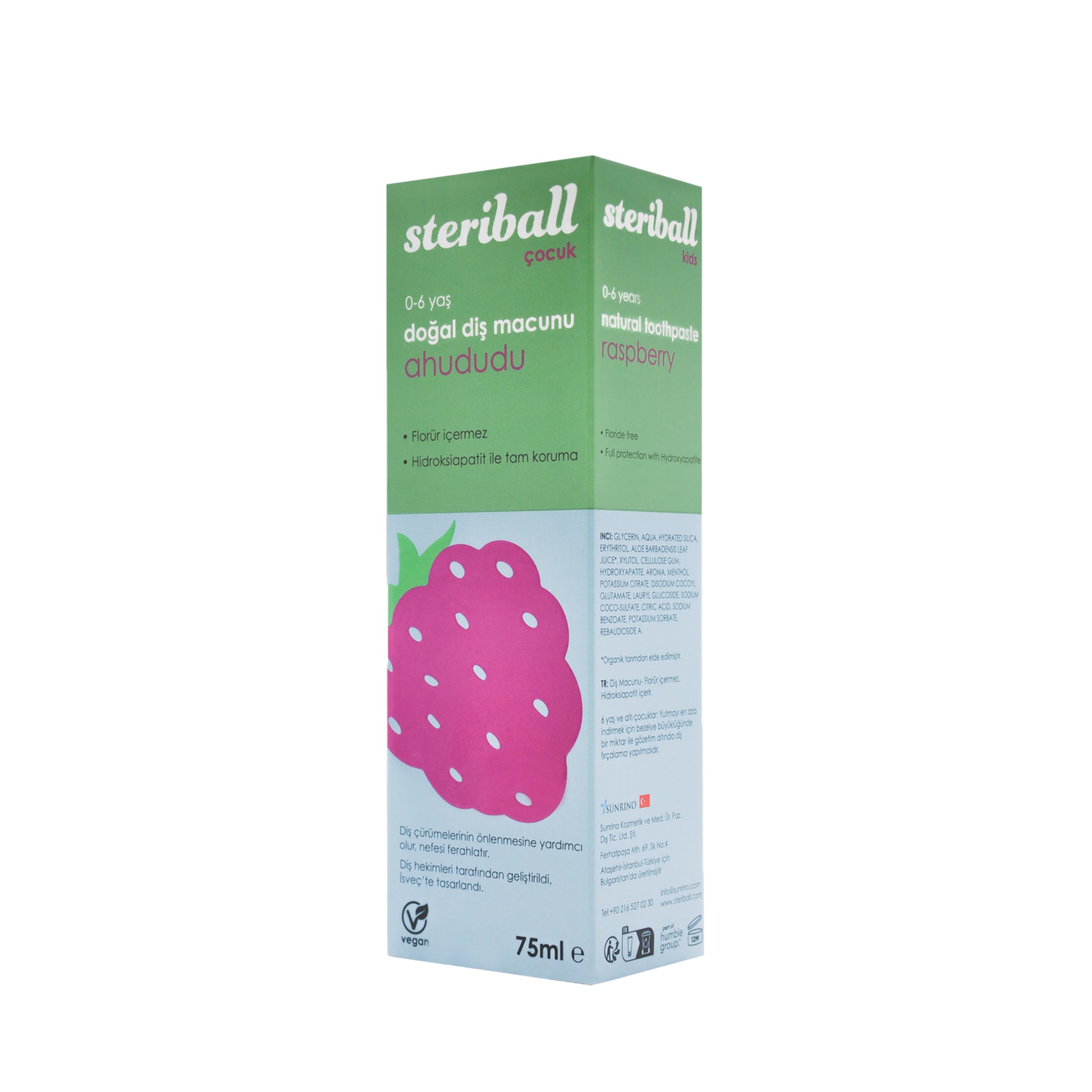 Steriball Doğal Diş Macunu Florürsüz 75 ML - Ahududu Florür İçermez, Hidroksiapatit ile Tam Koruma, Vegan