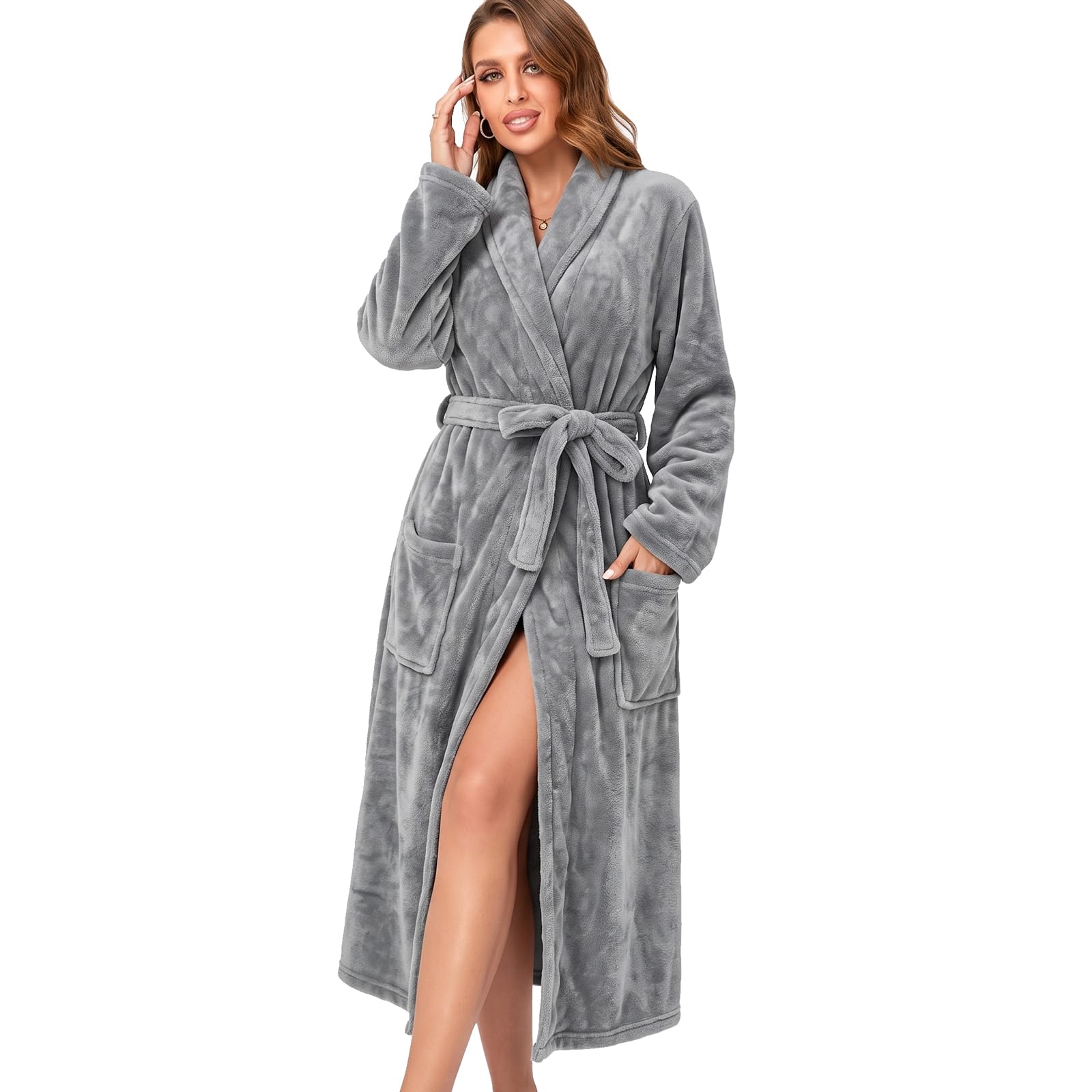 RONGTAI Langer Damen-Bademantel aus Plüsch-Fleece, dick, mit Kapuze, mit Taschen, flauschige Nachtwäsche für Herren