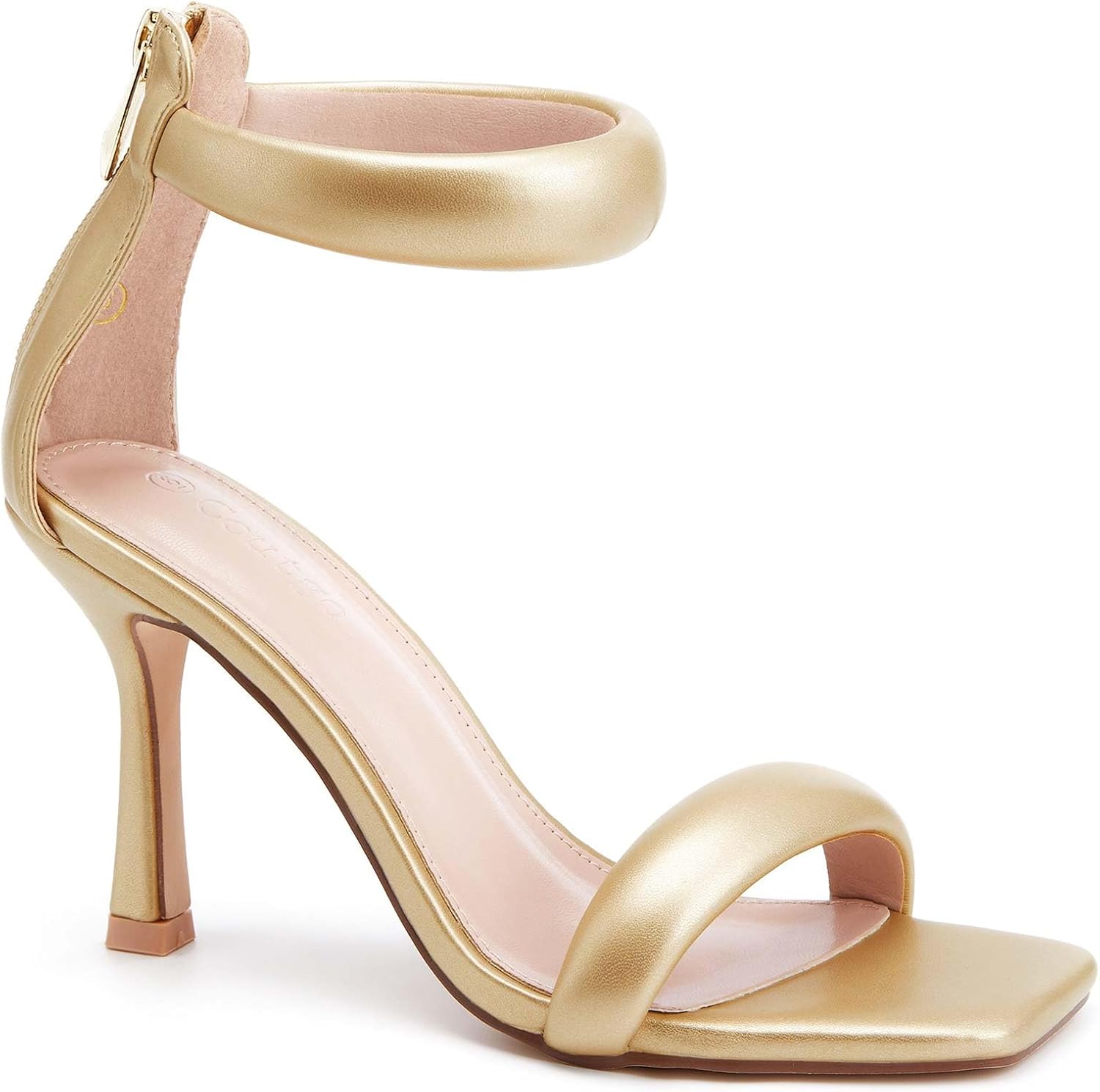 Coutgo Women's One Strap Heeled Sandals Square Open Toe Stiletto Heels Ankle Buckle Strap Summer Pump Shoes