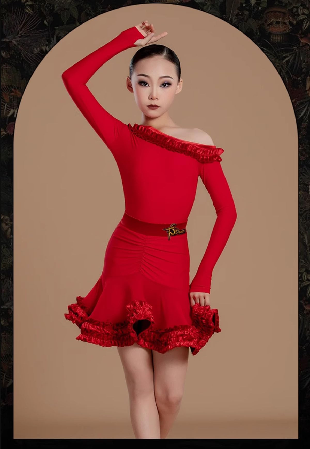 Vestito da Ballo Latino a Maniche Lunghe per Bambine, Gonna da Ballo con Spalle Scoperte per Bambine, Abbigliamento da Spettacolo per Danza Cha Cha Rumba Samba