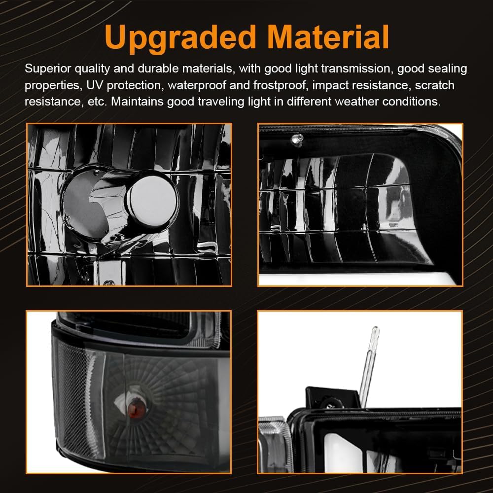 LED DRL Headlight Assembly, Headlights Kit Compatible with 1992 1993 1994 1995 1996 Ford F150 F250 F350/1992-1996 Bronco Replacement Headlamp Black Housing Clear Reflector