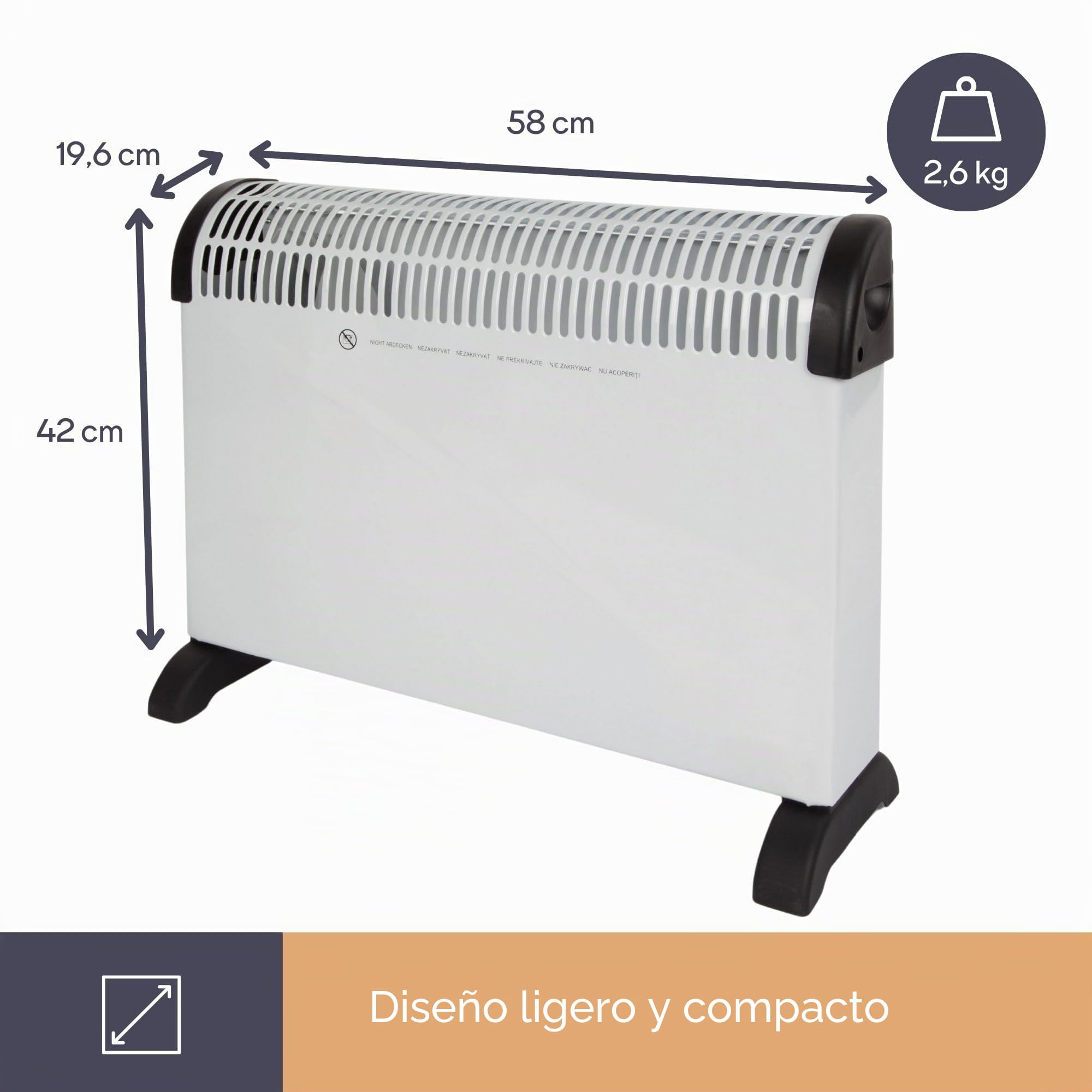 Perel Calefactor convector 2000W, convector eléctrico con 3 niveles de calor, termostato, IP20 protección contra sobrecalentamiento, portátil o montaje mural para estancias hasta 60 m³
