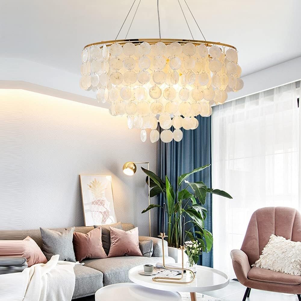 LYMSXAZOU Qudkdhs Chandelier Electroplating Gold Loft Modern White Natural Sea Ceiling E27 LED Lighting for Dining Room Living Kitchen Bedroom Fixture(50CM)