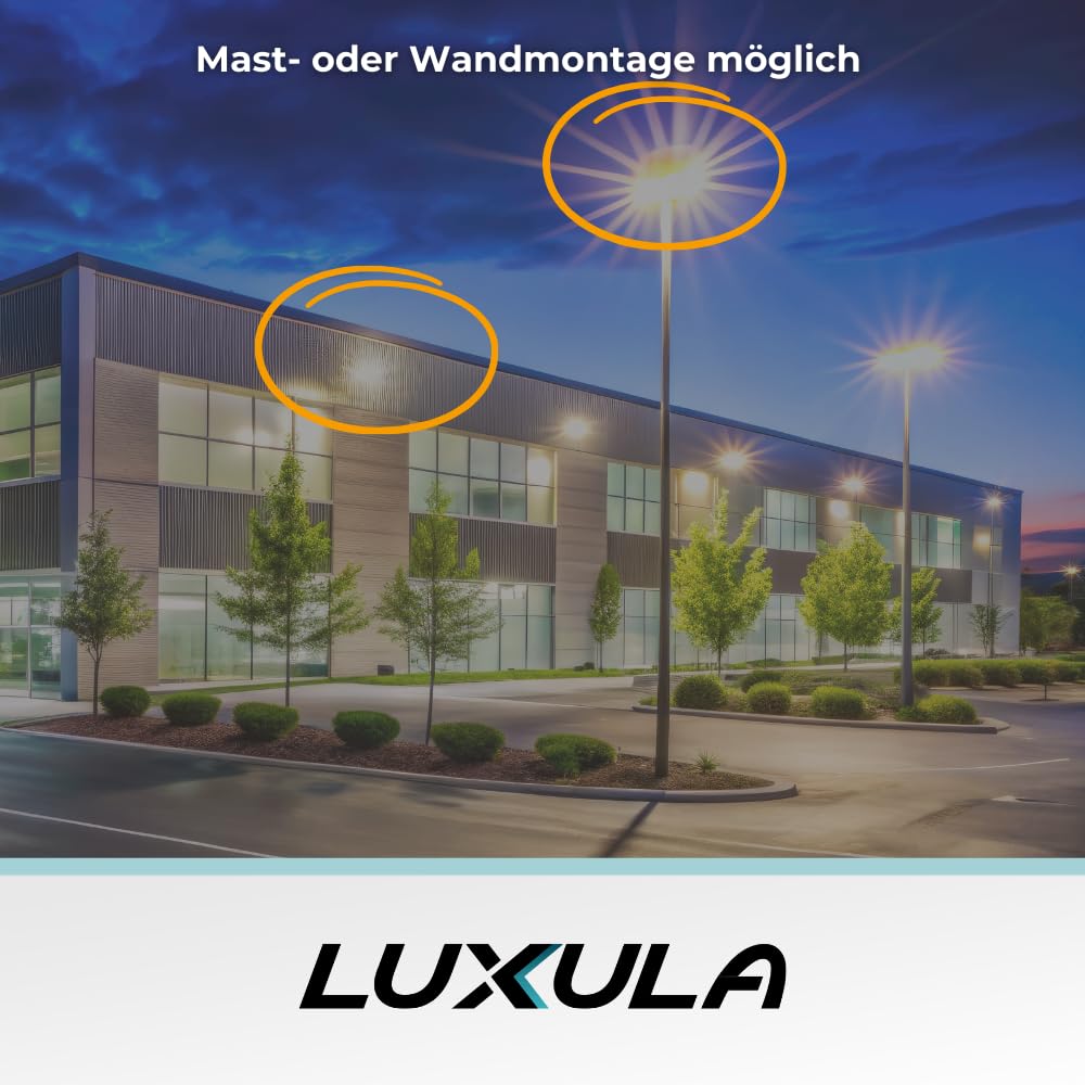 LUXULA LED Straßenlaterne 100W 2 Stück, 12000 Lumen, 4000K neutralweiß, IP65 Außenleuchte, Mast- & Wandmontage Ø48–60mm, LED Straßenbeleuchtung außen für Wege, Parkplätze, Außenbereich