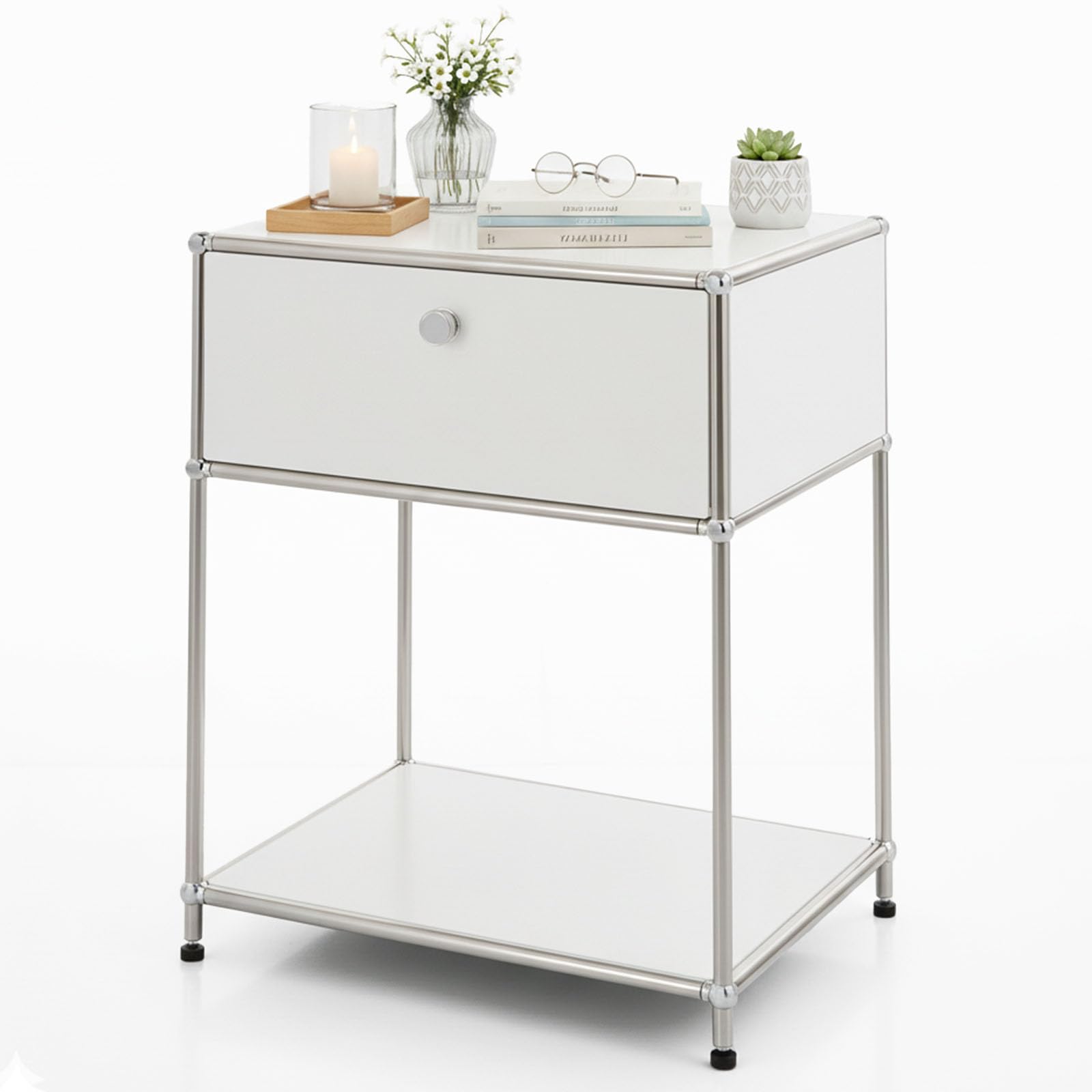 Floordirekt Concept Epure MK-139 Metal Shelf, Side Table, White, Chrome, 63 H x 50 W x 40 D cm, Modular Plug-In System in Modern Design, Metal Shelf for Living Room, Office, Hallway, Bedside Table