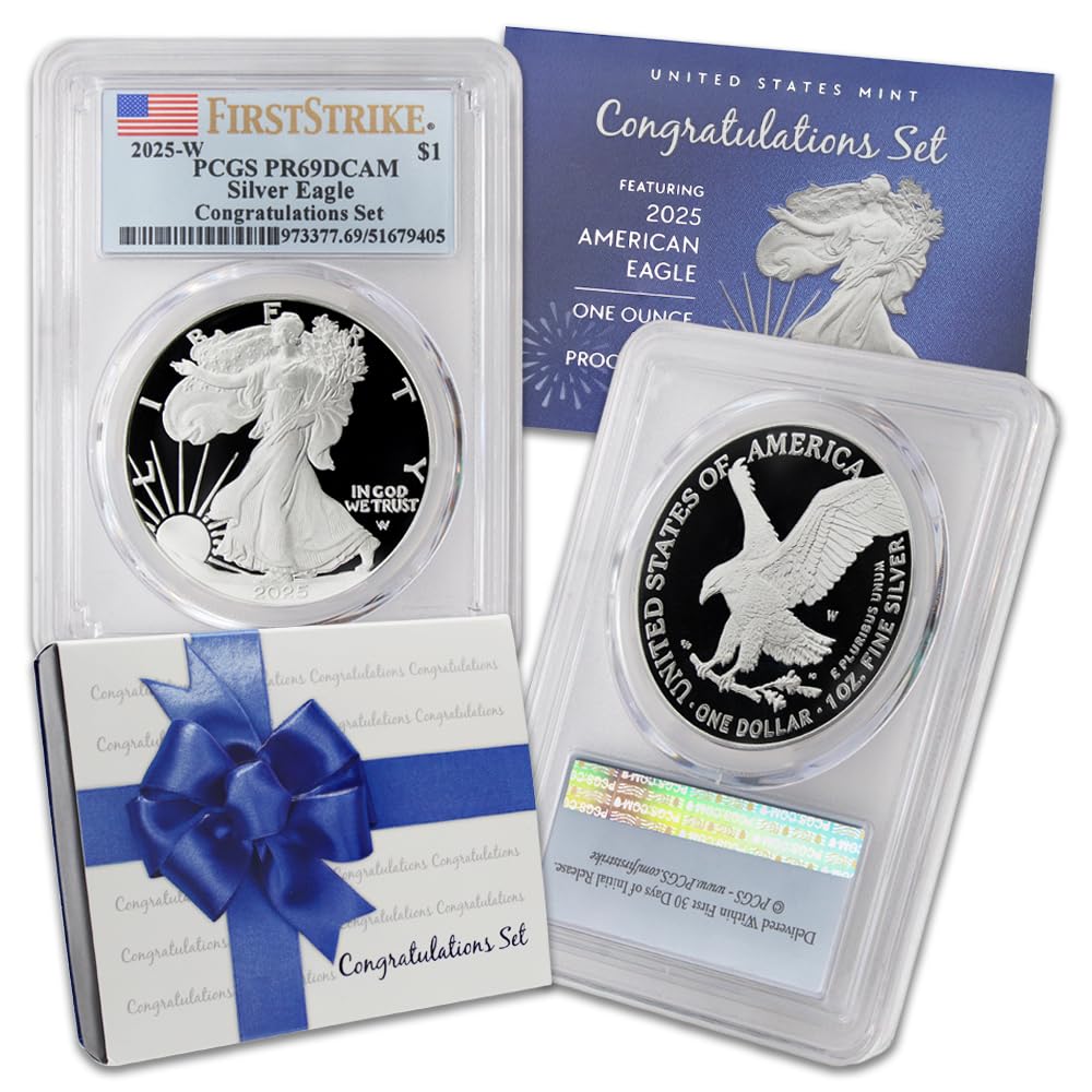 2025 W 1 oz American Silver Eagle Proof Coin PR-69 Deep Cameo (First Strike - Congratulations Set - Flag Label) with Official Government Packaging $1 PCGS PR69DCAM Thumbnail