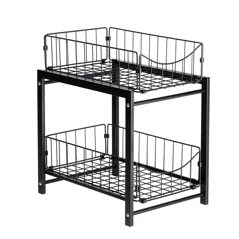 2-Tier Under Sink Organizer with Storage Drawers, Multi-Purpose Pull Out Cabinet Organizer Shelf, Sliding Under Cabinet Storage Rack, Metal Shelf Organizers for Kitchen, Bathroom(black)