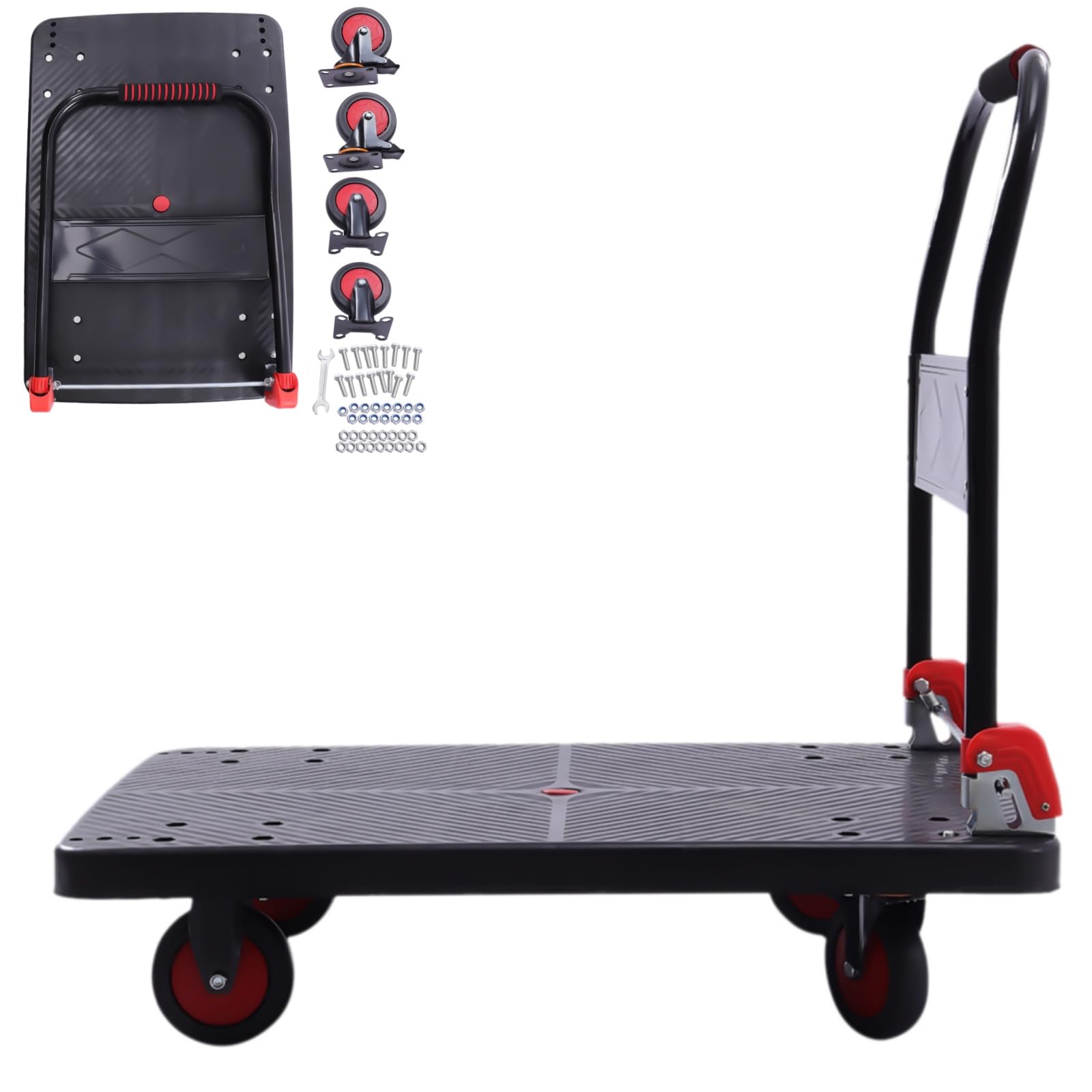 Plattformwagen klappbar mit 400KG Tragkraft Transportwagen Klappbar Lastenwagen Rollwagen Profi Plattformwagen 58×88 cm 360° Schwenkrollen, Faltbarer Schiebe-Handwagen zum Laden