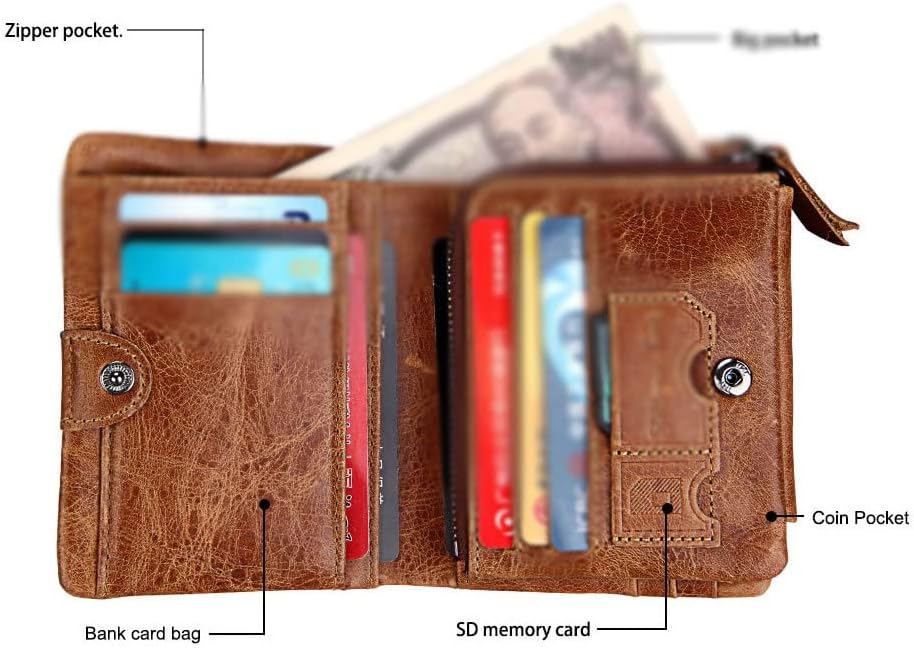 Vista 5 de CZDYUF - Cartera de cuero para hombre, billetera triple con cremallera, cartera de cuero