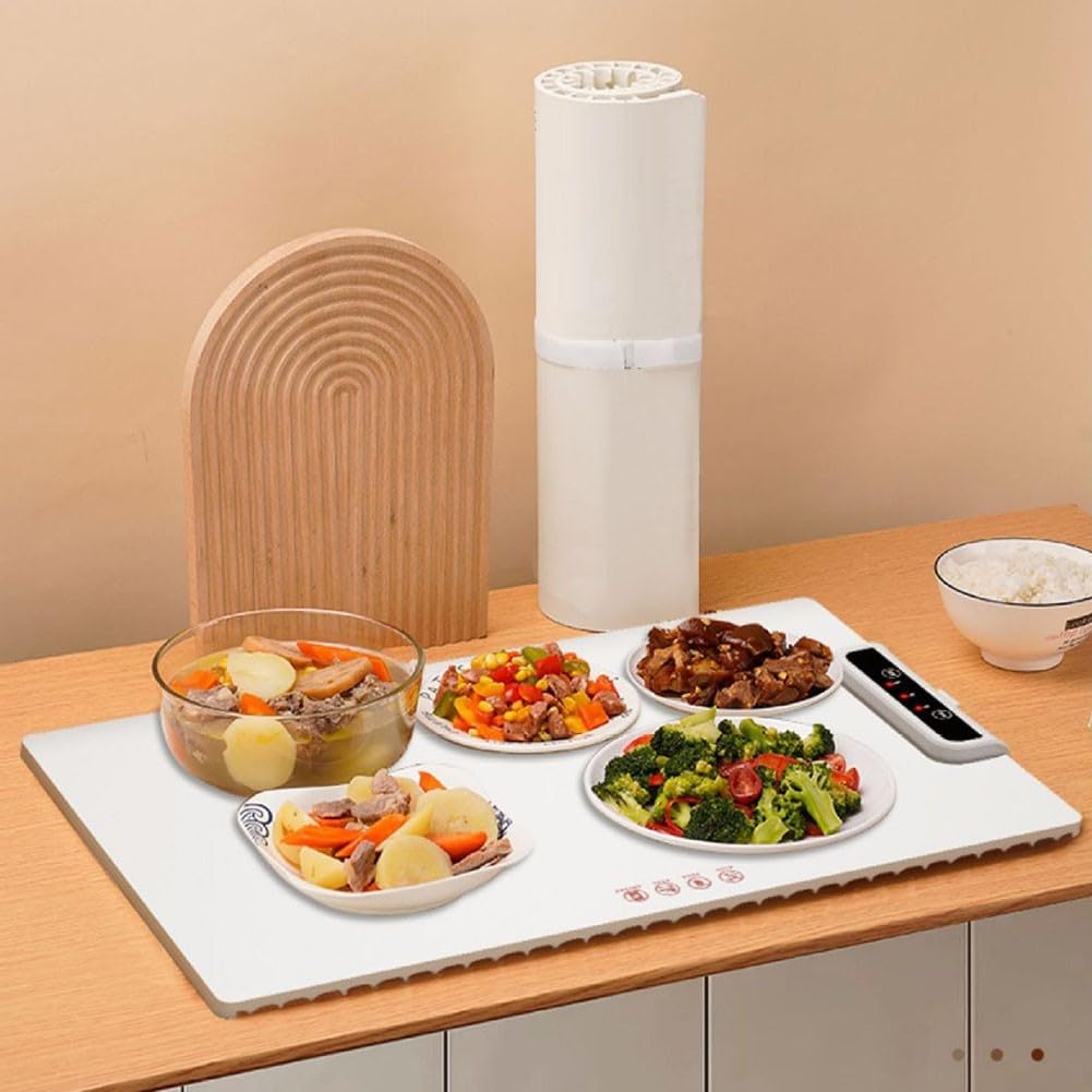 Bandeja de calentamiento eléctrica con temperatura ajustable, bandeja de calentamiento eléctrica portátil de silicona plegable inteligente con para nano revestimiento, mantiene las comidas calientes