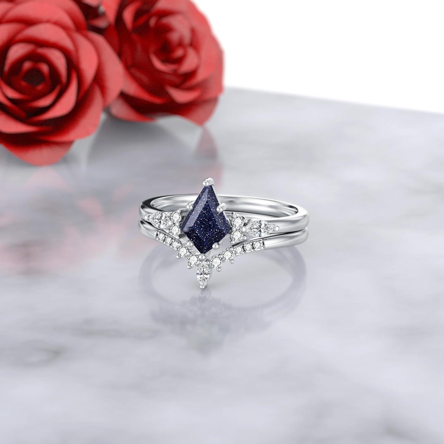 Natural Moss Agate/Black Rutilated Quartz/Blue Sandstone/Opal Ring 925 Sterling Silver Kite Cut Engagement Rings Set Promise Wedding Christmas Gifts for Women Wife Mother - Image 5