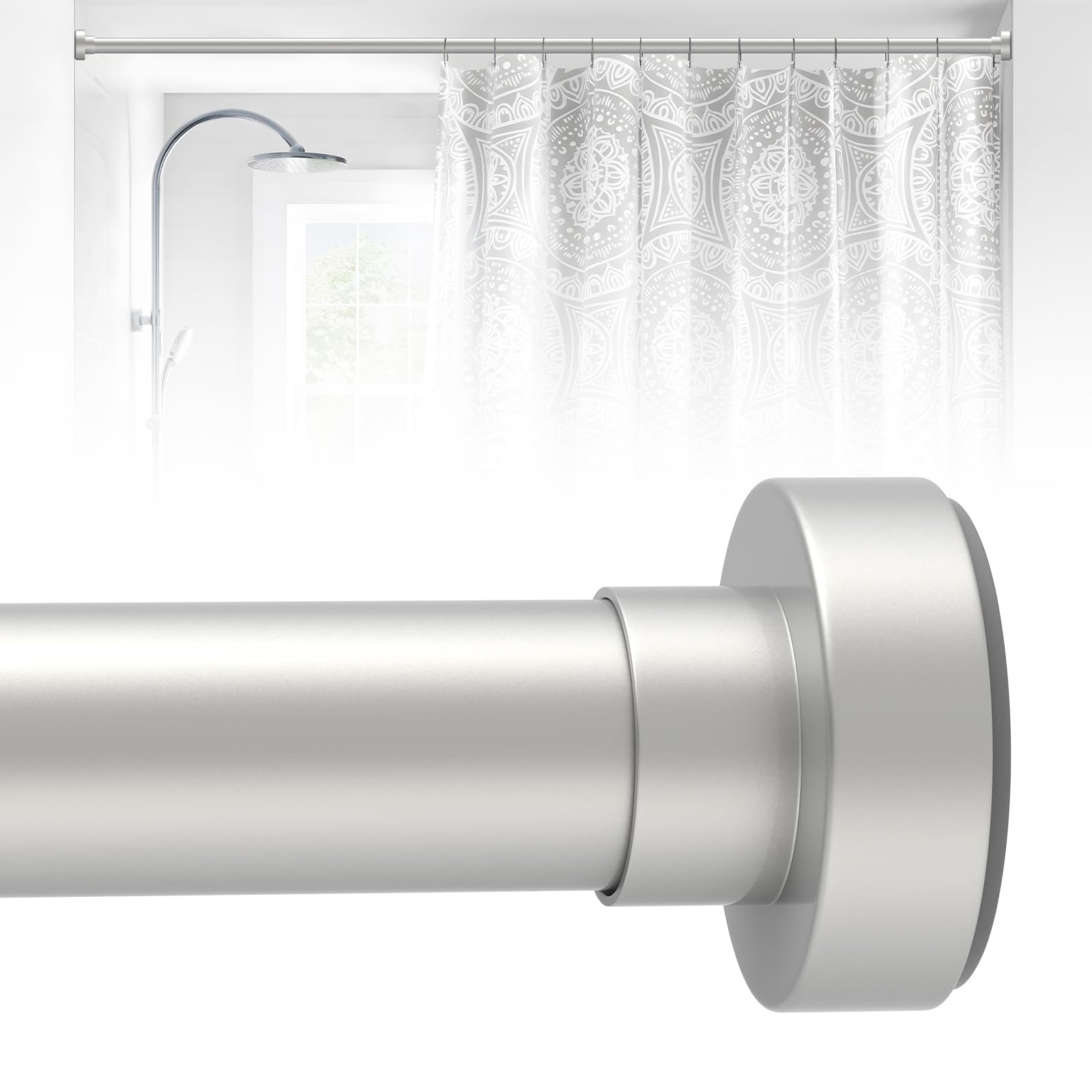 HTZON Silver Shower Curtain Rod 33 to 72In,Small Spring Tension Shower Rods for Bathroom Kitchen Doorway,Short Heavy Duty Adjustable Shower Curtain