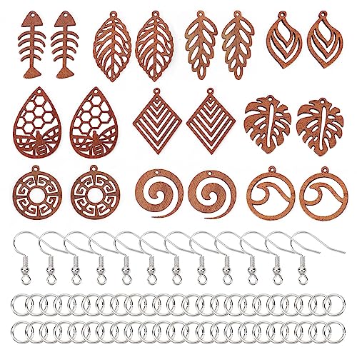 SUNNYCLUE 1 Box 74Pcs DIY 10 works Wood Leaf Charms Bohemian Wooden Charm Earrings Making Starter Kit Double Sided Hollow Leaves Charms Summer Ocean Wave Boho Charm for Jewellery Making Kits Women