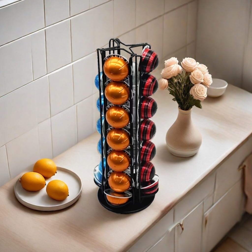 Meelio Vertuo Pod Holder Carousel Stand for 28 Nespresso Vertuo Capsule Storage Organizer with Extra Space for Coffee Mate Silent Rolling,Black: Black 28 Vertuo Pod