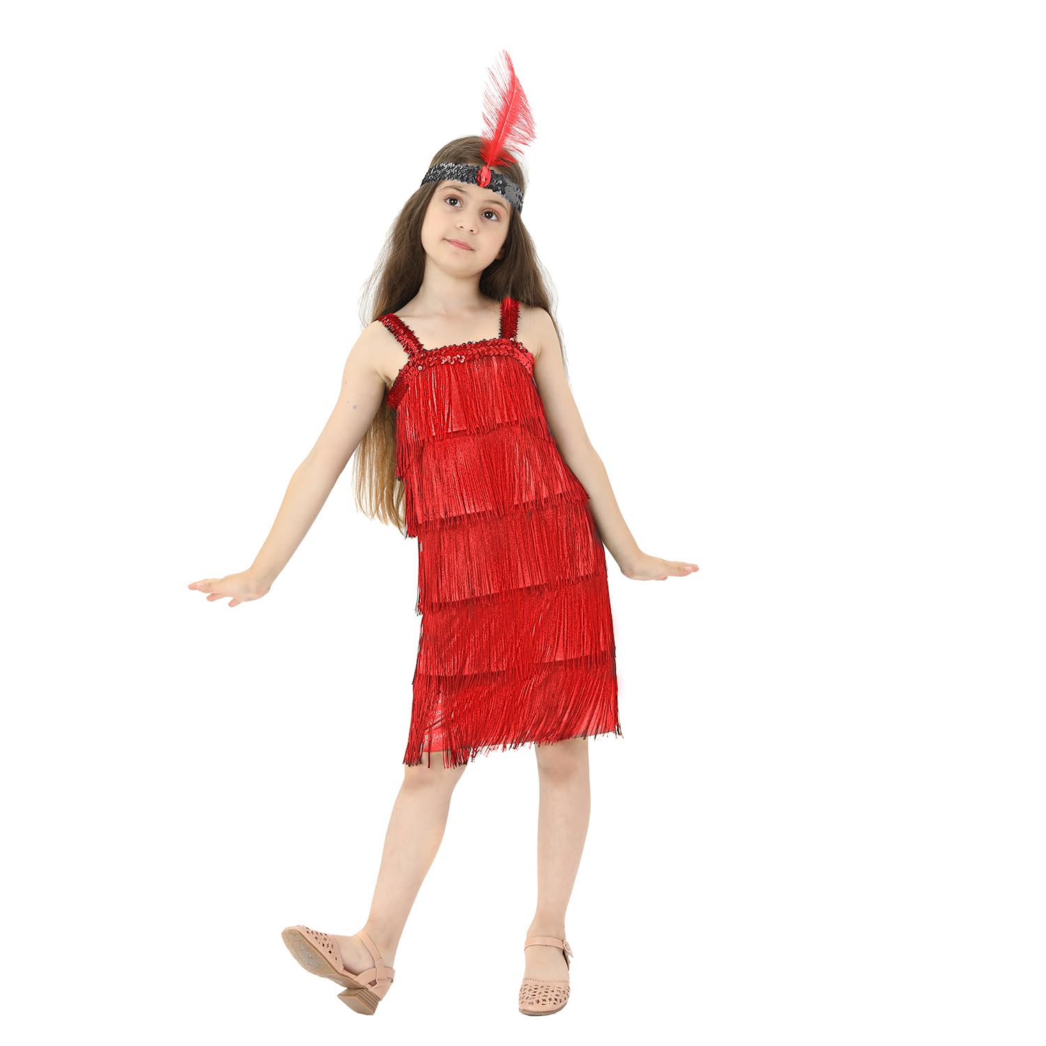Leadtex Girl's 20s Flapper Dresses Costume Dress Childrens Party Fringed Dresses with Feather Headband,Size S,M,L,XL