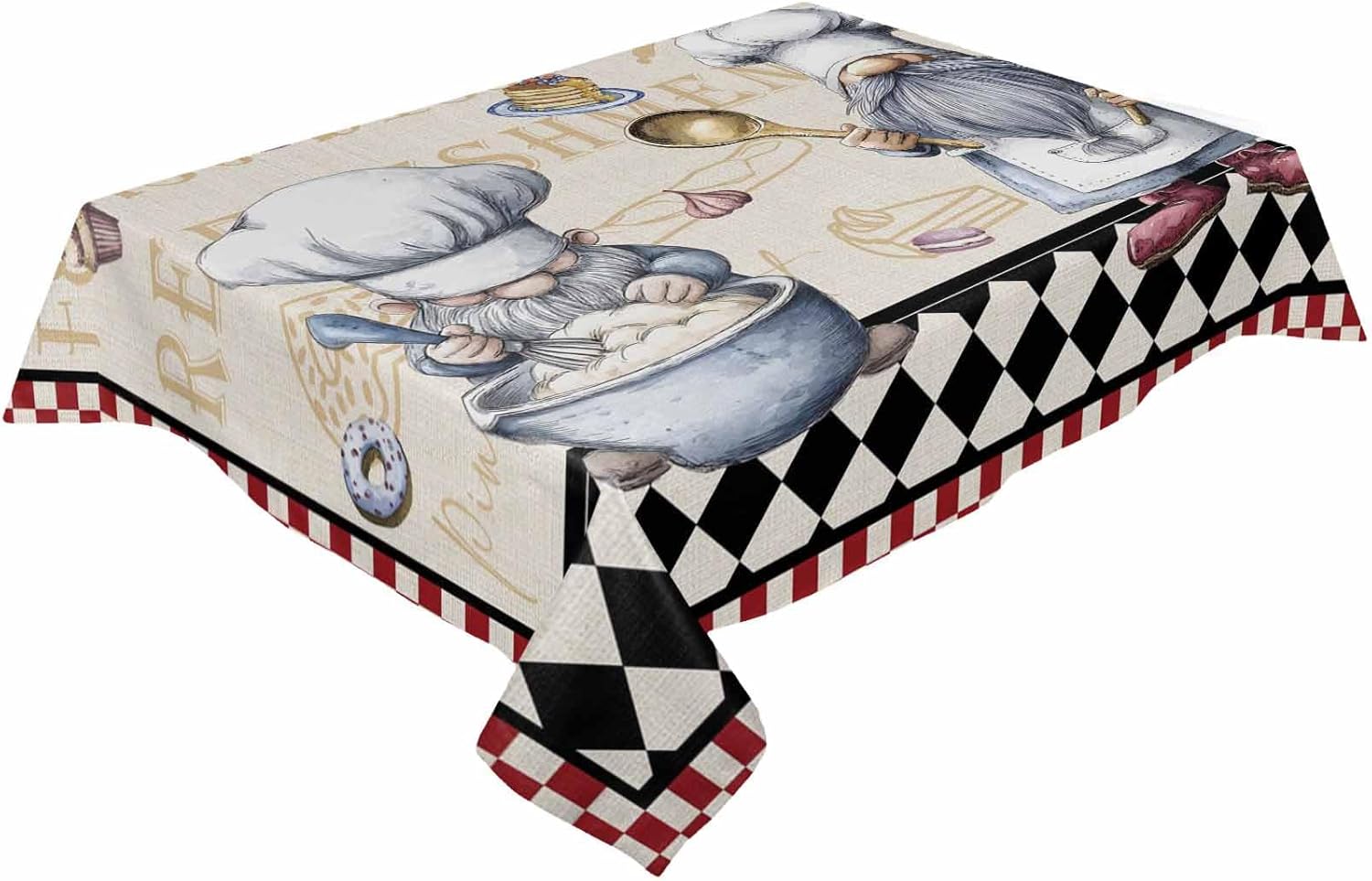 Rectangle Tablecloth Waterproof & Stainproof Tablecloths,Chef Gnomes Washable Table Cloth Wrinkle-Free Fabric Table Cover Fat Chef Kitchen Decor and Accessories Checkered Black White Red Plaid