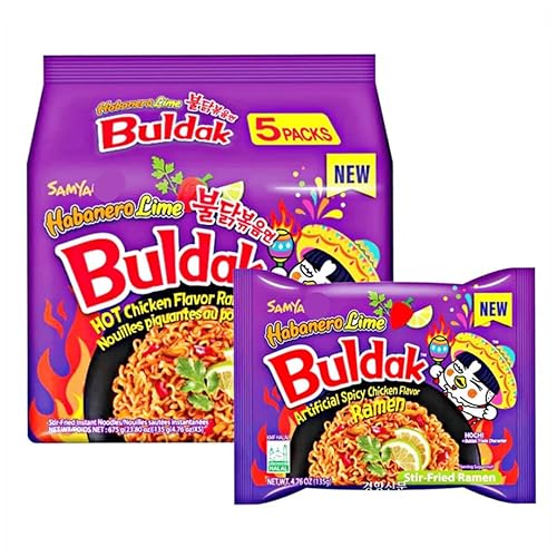 YIJIA | Pack 5 Ramen Coreano Picante sabor a “Takis” - Ramen Buldak Habanero Lima 140g - Habanero Lima