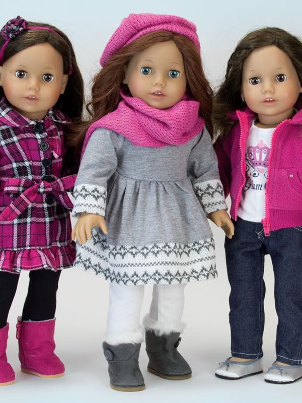 Miniatura 5 de Ropa de muñecas 4piezas Vestimenta apropiada para muñeca American Girl de 18pulgadas y más Muñeca estilo Grey Fair Isle vestido leggings bufanda y