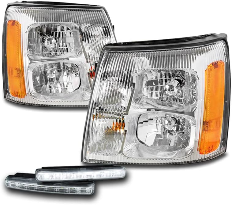 Replacement Chrome Headlights with 6" White LED DRL Lights For 2003-2006 Cadillac Escalade/ESV/EXT