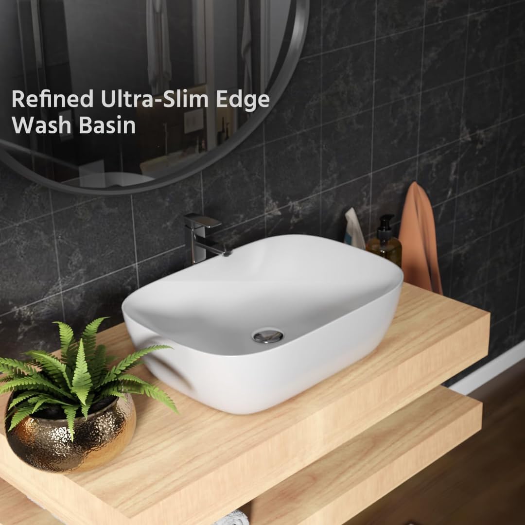 SEA SHORE Ceramic Countertop White Wash Basin | Designer Table Top Bathroom Basin Sink Over Counter for Bathroom, Hotel, Home Living Room 33 x 46 x 16 cm (Plain White) 1