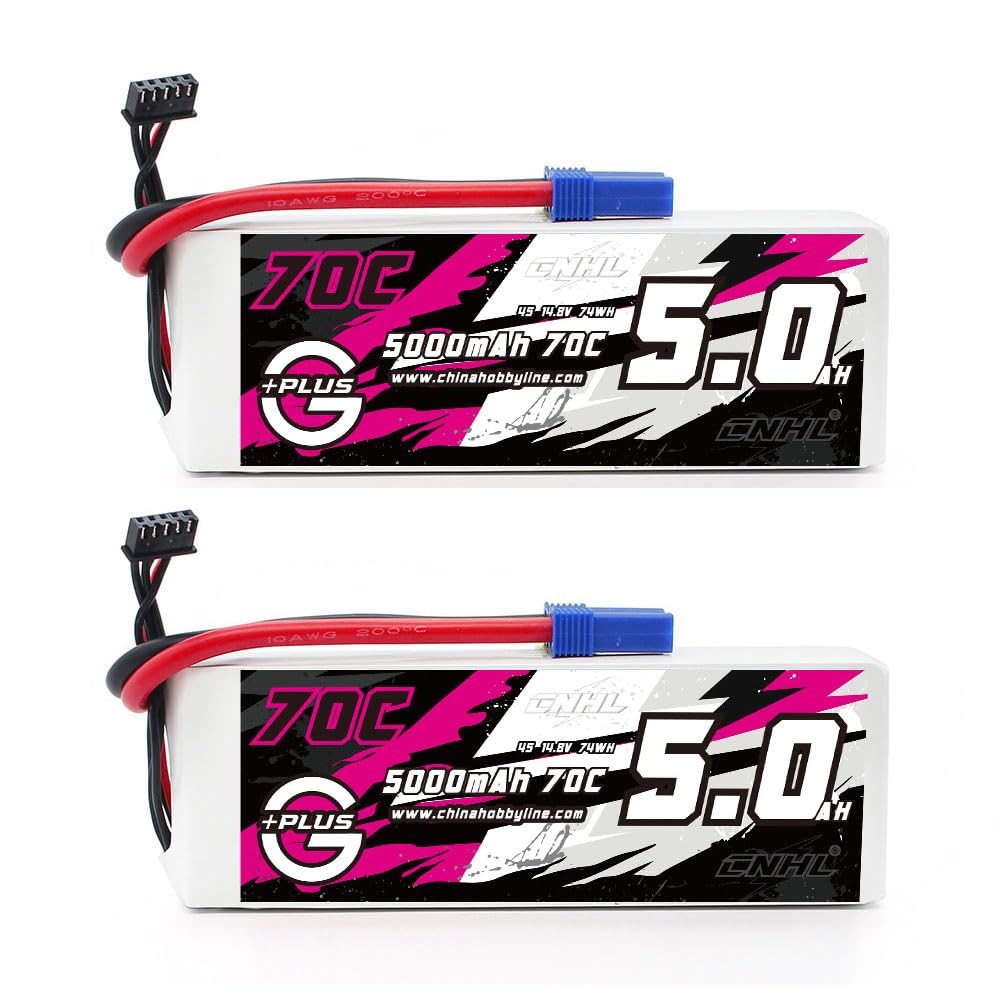 CNHL5000mAh 4S Lipo Battery 14.8V 70C with EC5 Plug for RC Car,RC Airplane,Truck, Boat,Heli Airplane,Drone FPV（2 Packs）